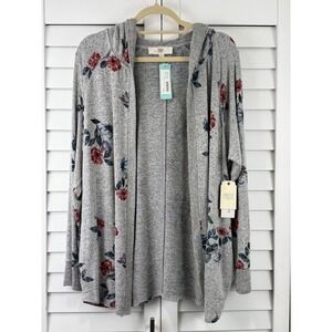 Pinque Hooded Cardigan XXL Grey Floral Brushed Knit Open Front NEW